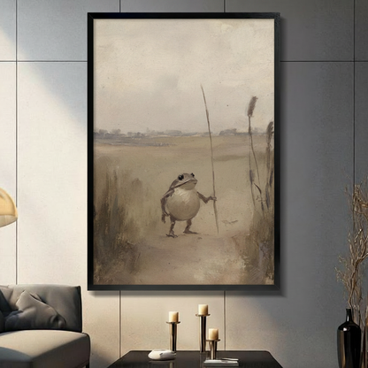 Vintage Frog with Staff Antique Oil Painting Canvas
