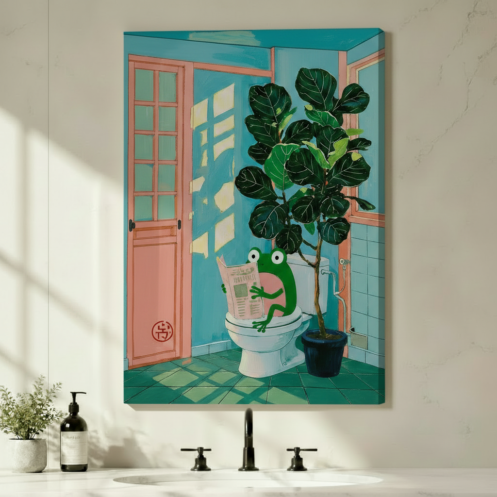 Frog Reading Newspaper Funny Bathroom Canvas Art
