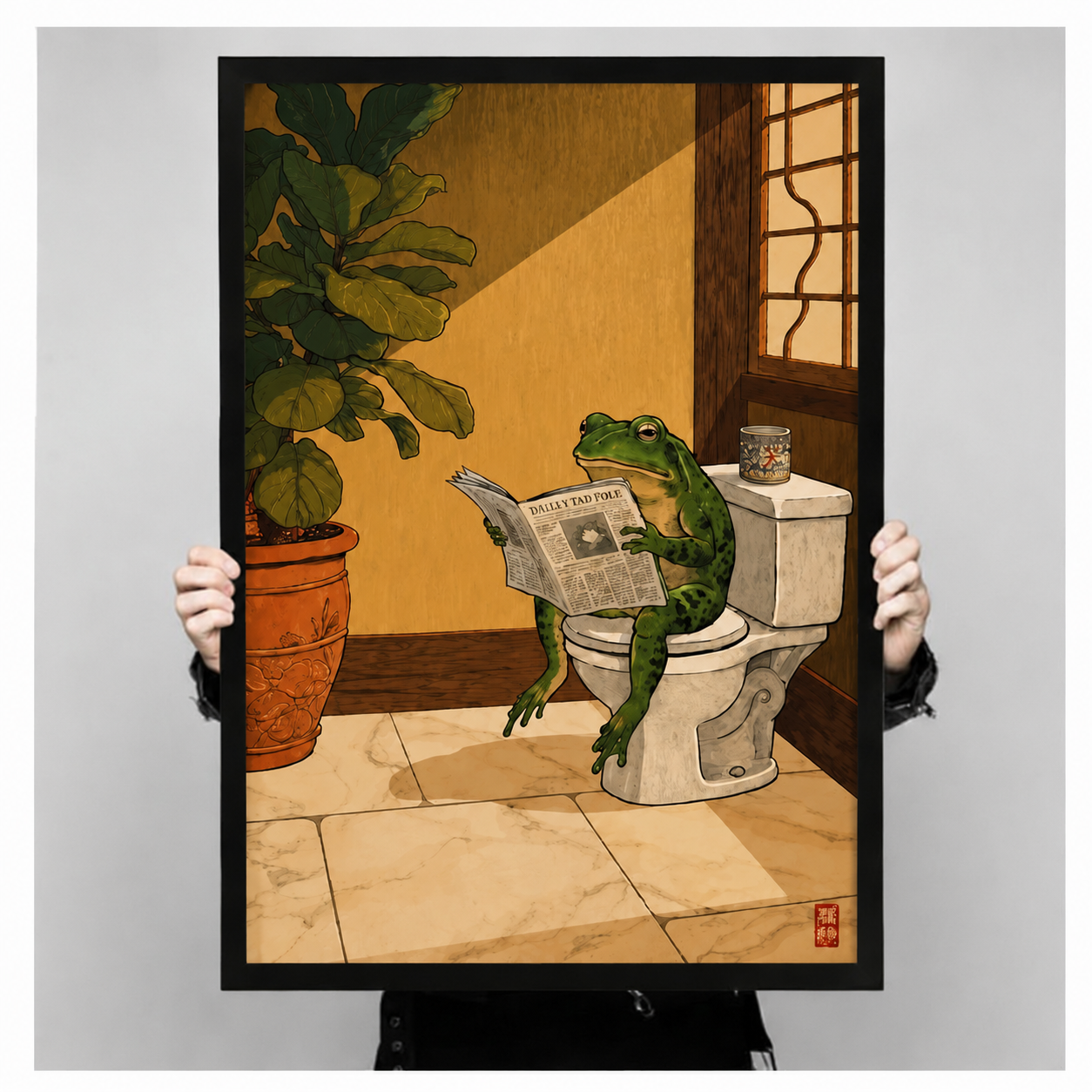 Frog Reading Newspaper Toilet Funny Canvas Art