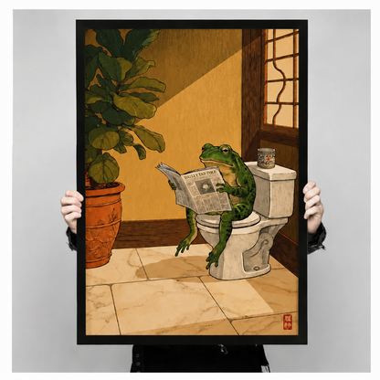 Frog Reading Newspaper Toilet Funny Canvas Art