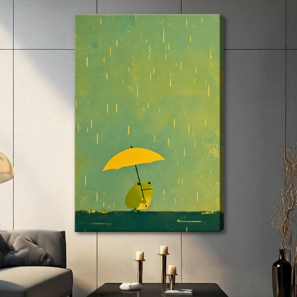 Rainy Day Frog Yellow Umbrella Canvas Art Wall Art