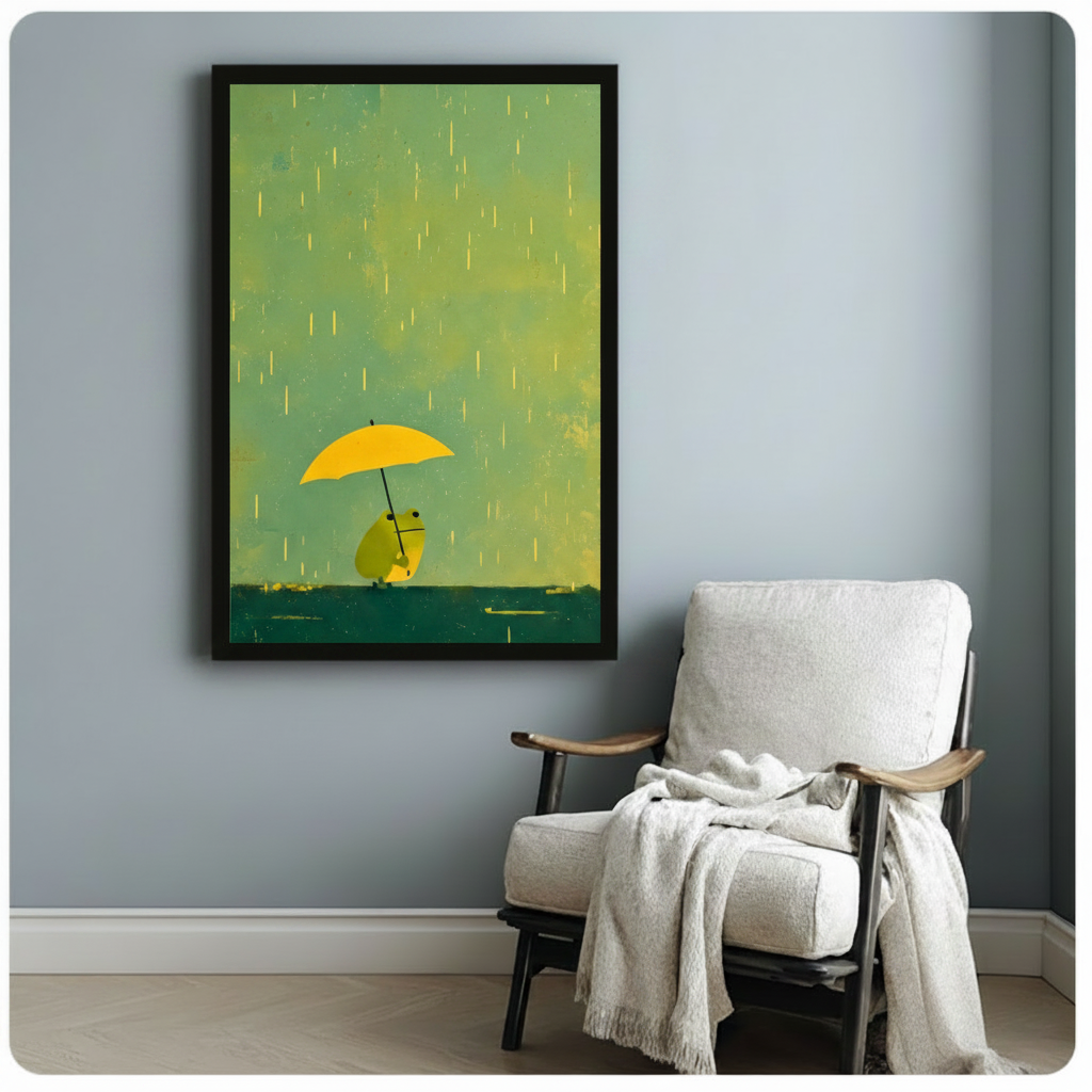 Rainy Day Frog Yellow Umbrella Canvas Art Wall Art