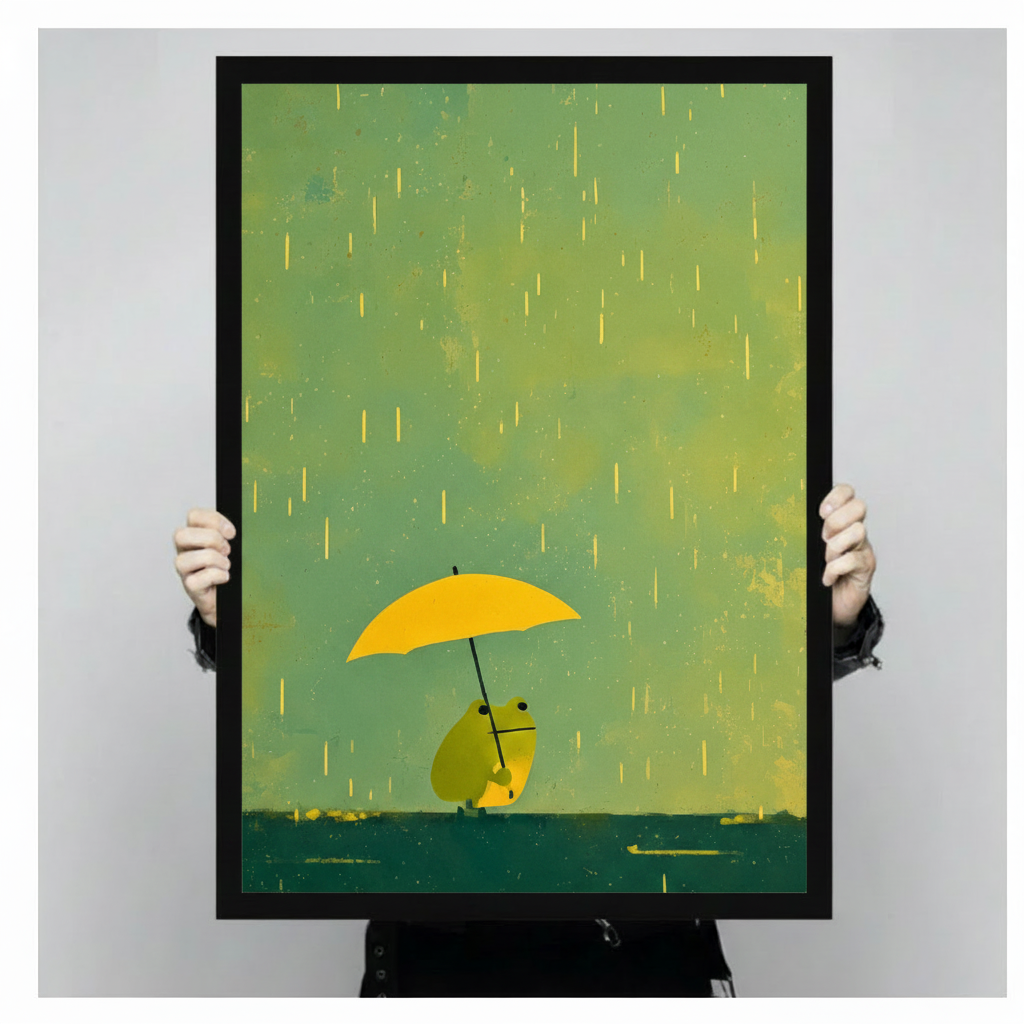 Rainy Day Frog Yellow Umbrella Canvas Art Wall Art