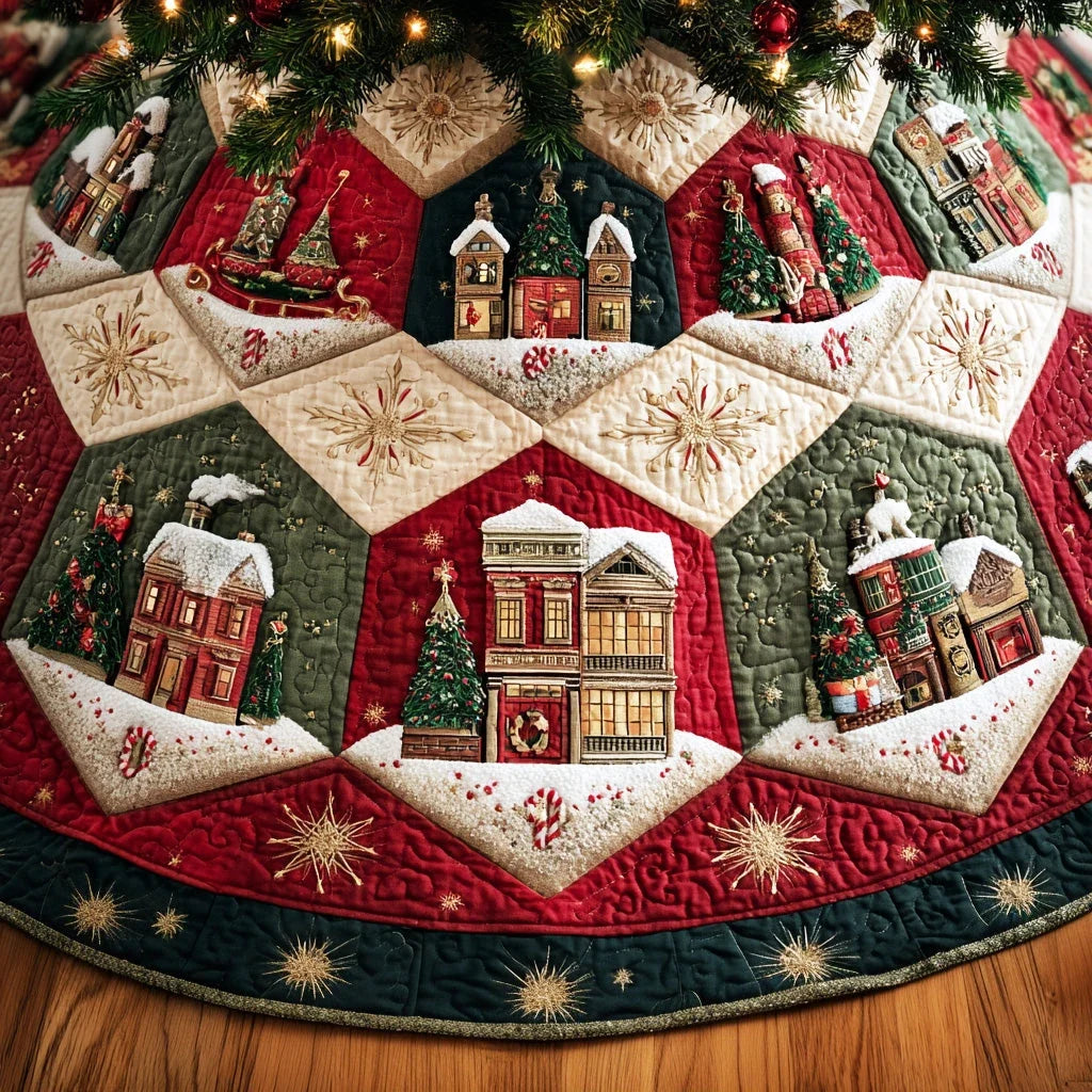 Frosted Pine Circle Christmas Quilted Tree Skirt