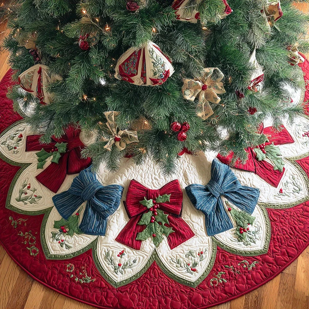 Frosted Ribbon Charm Christmas Quilted Tree Skirt