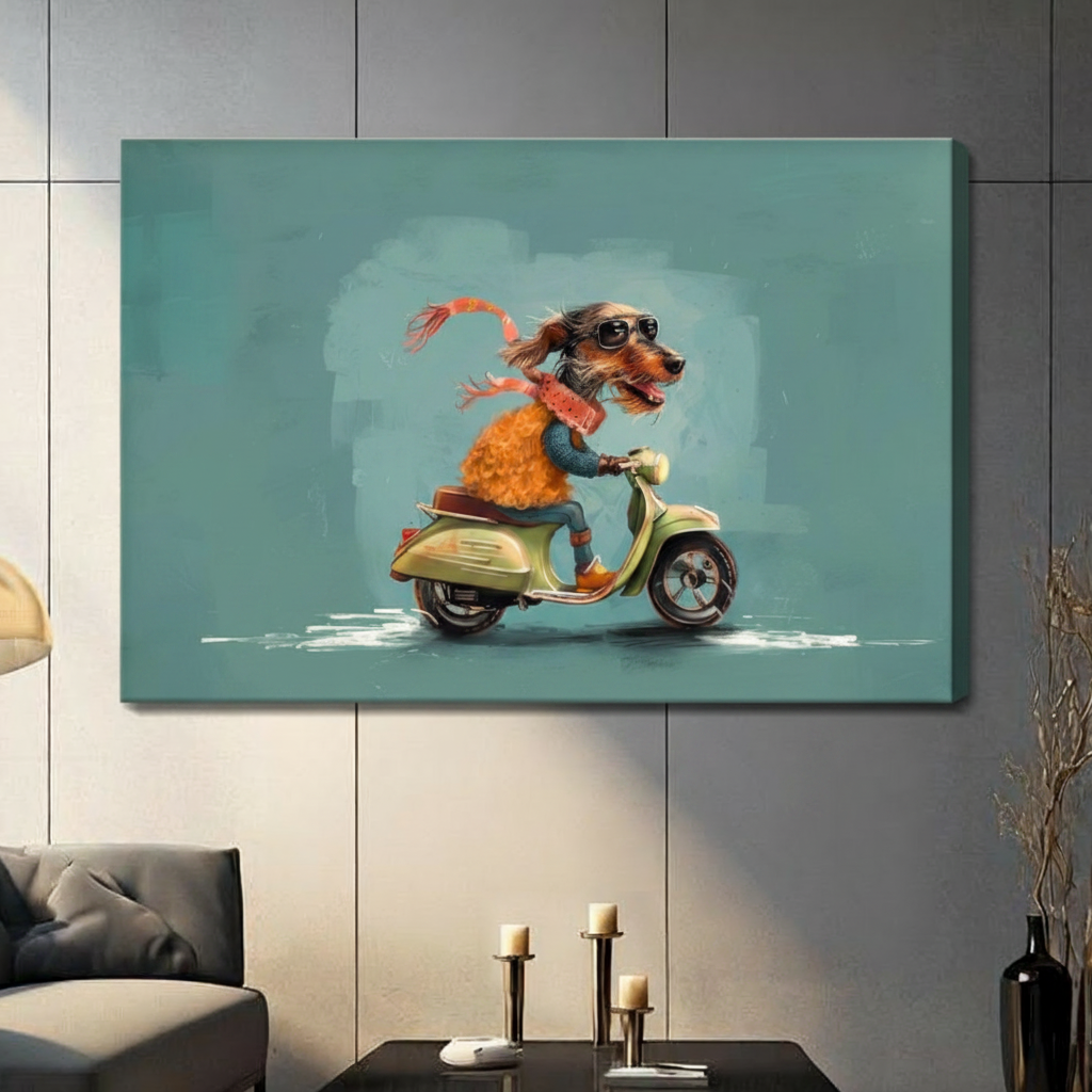 Cool Dachshund Scooter Retro Funny Canvas Wall Art