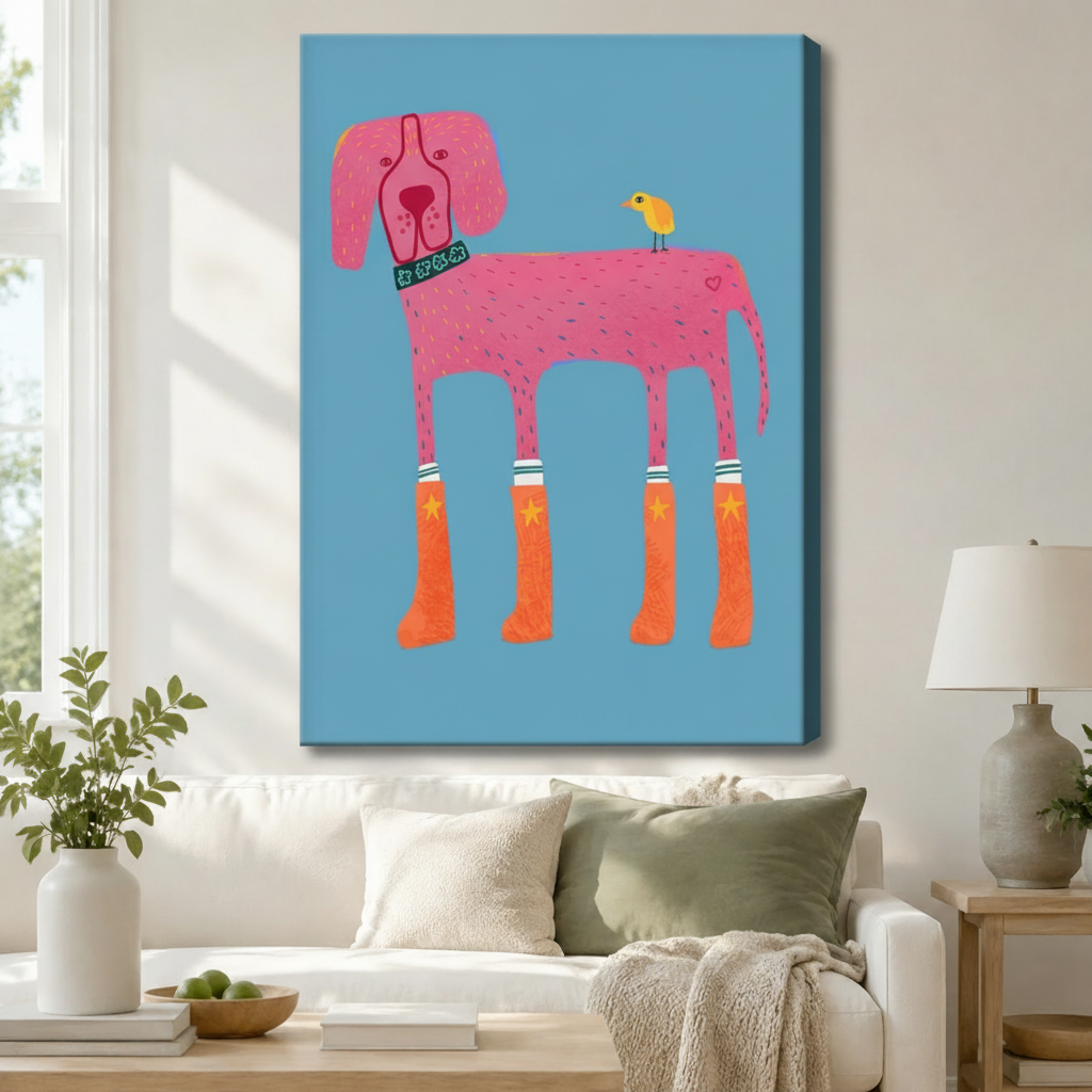 Pink Dog Rain Boots Folk Art Canvas Wall Art