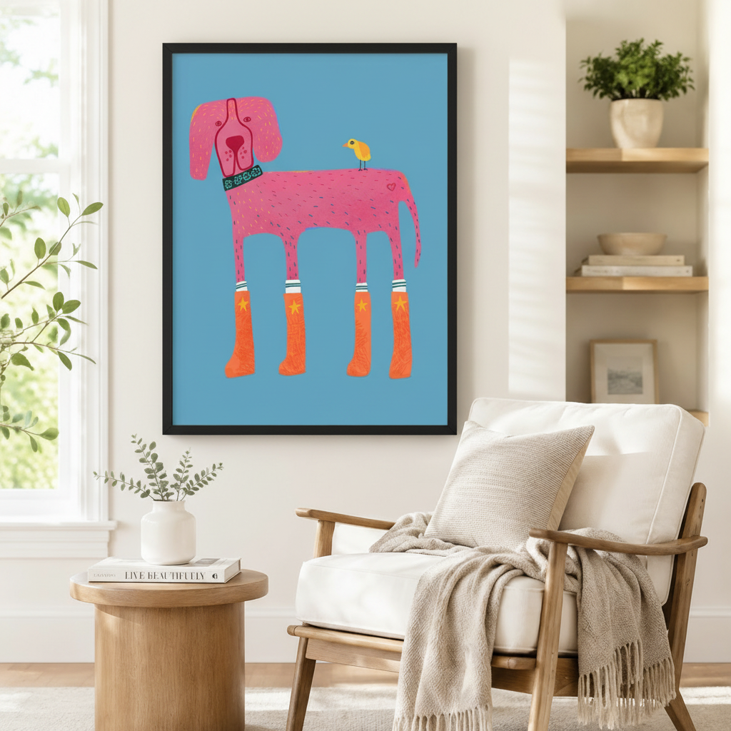 Pink Dog Rain Boots Folk Art Canvas Wall Art