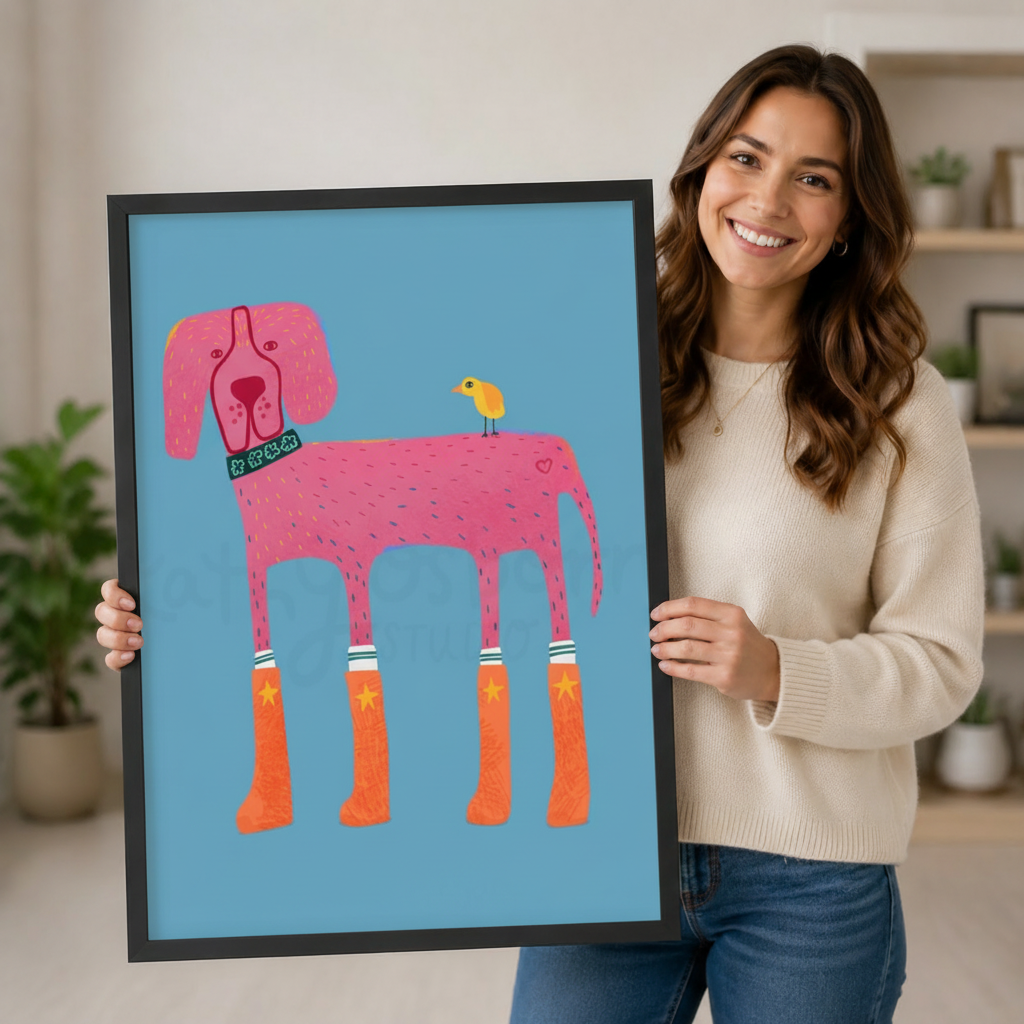 Pink Dog Rain Boots Folk Art Canvas Wall Art