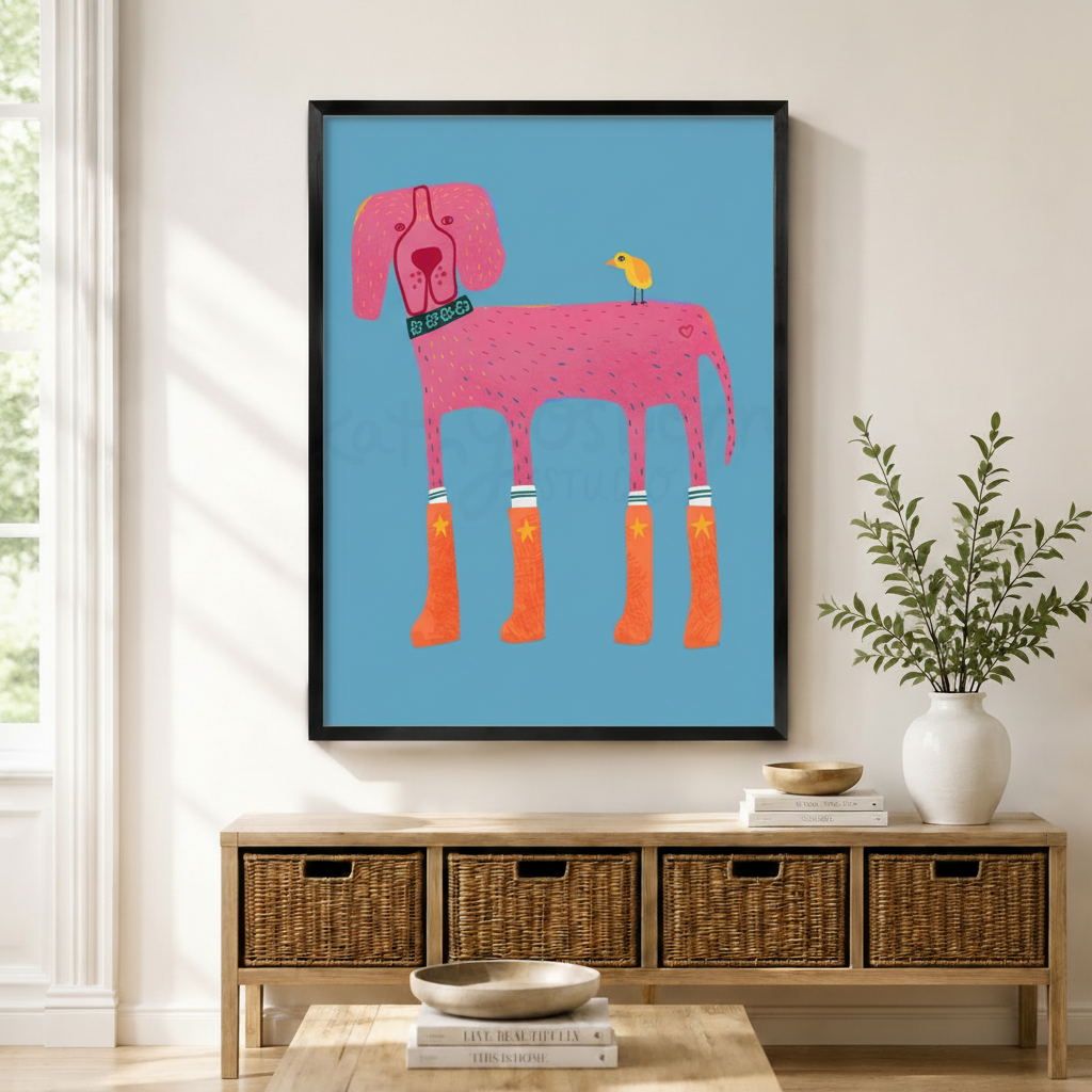 Pink Dog Rain Boots Folk Art Canvas Wall Art