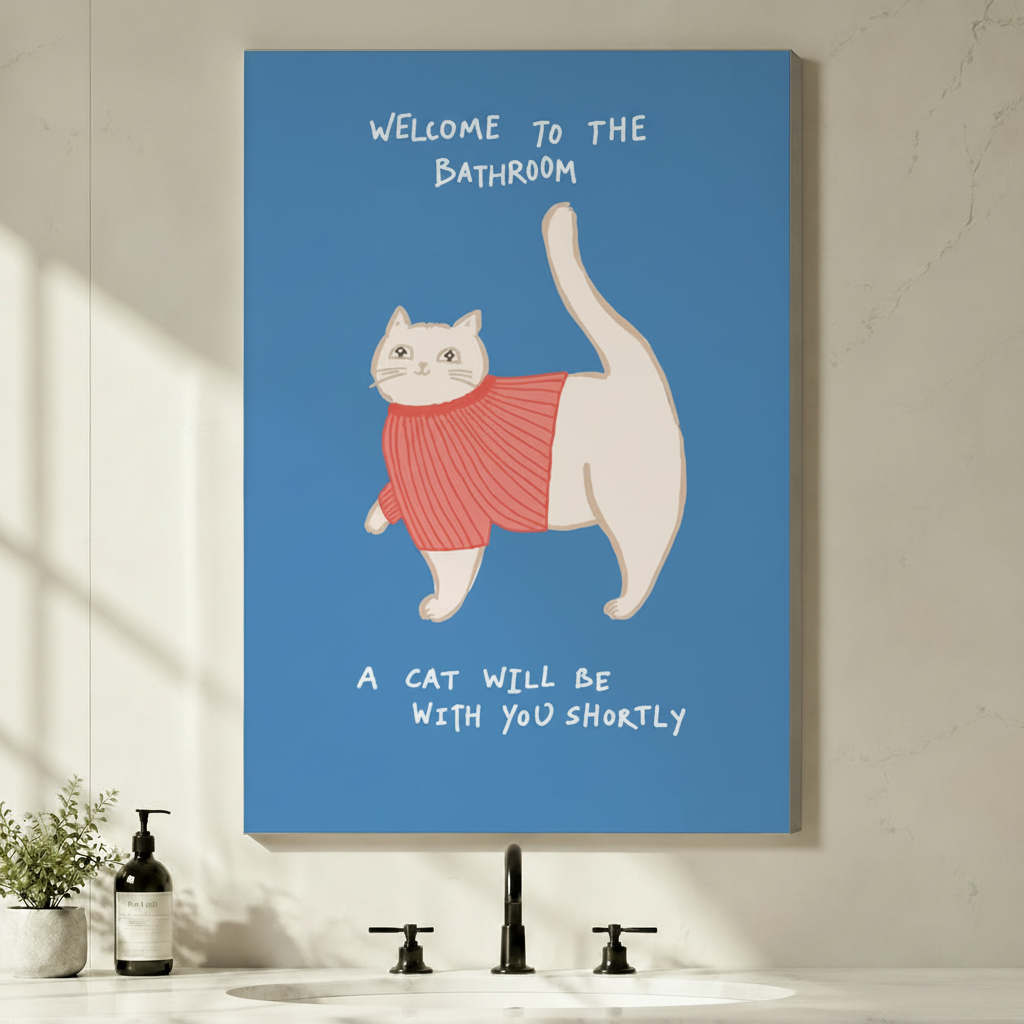 Welcome to the Bathroom Cat Canvas Art Wall Art