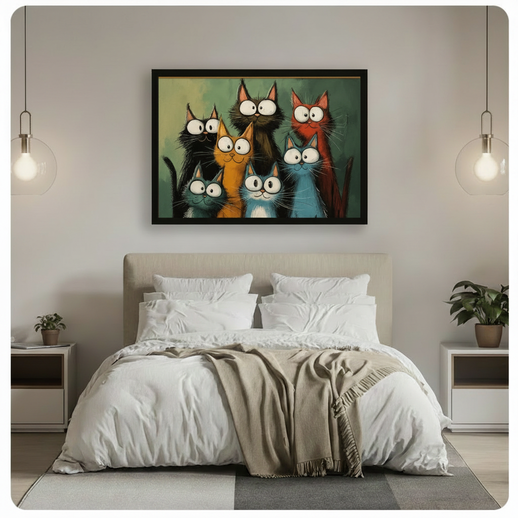 Whimsical Colorful Cats Gang Canvas Wall Art