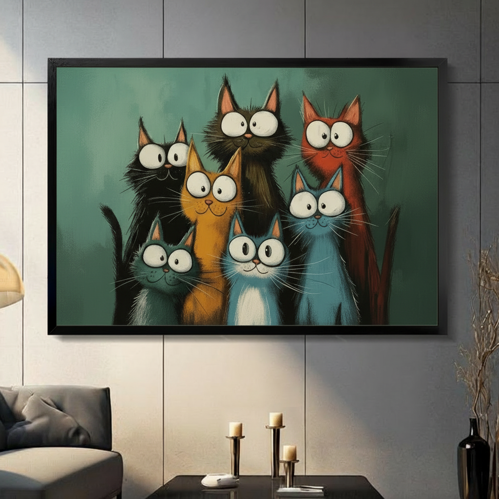 Whimsical Colorful Cats Gang Canvas Wall Art