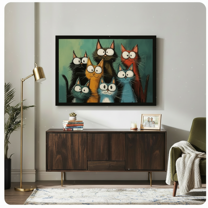 Whimsical Colorful Cats Gang Canvas Wall Art