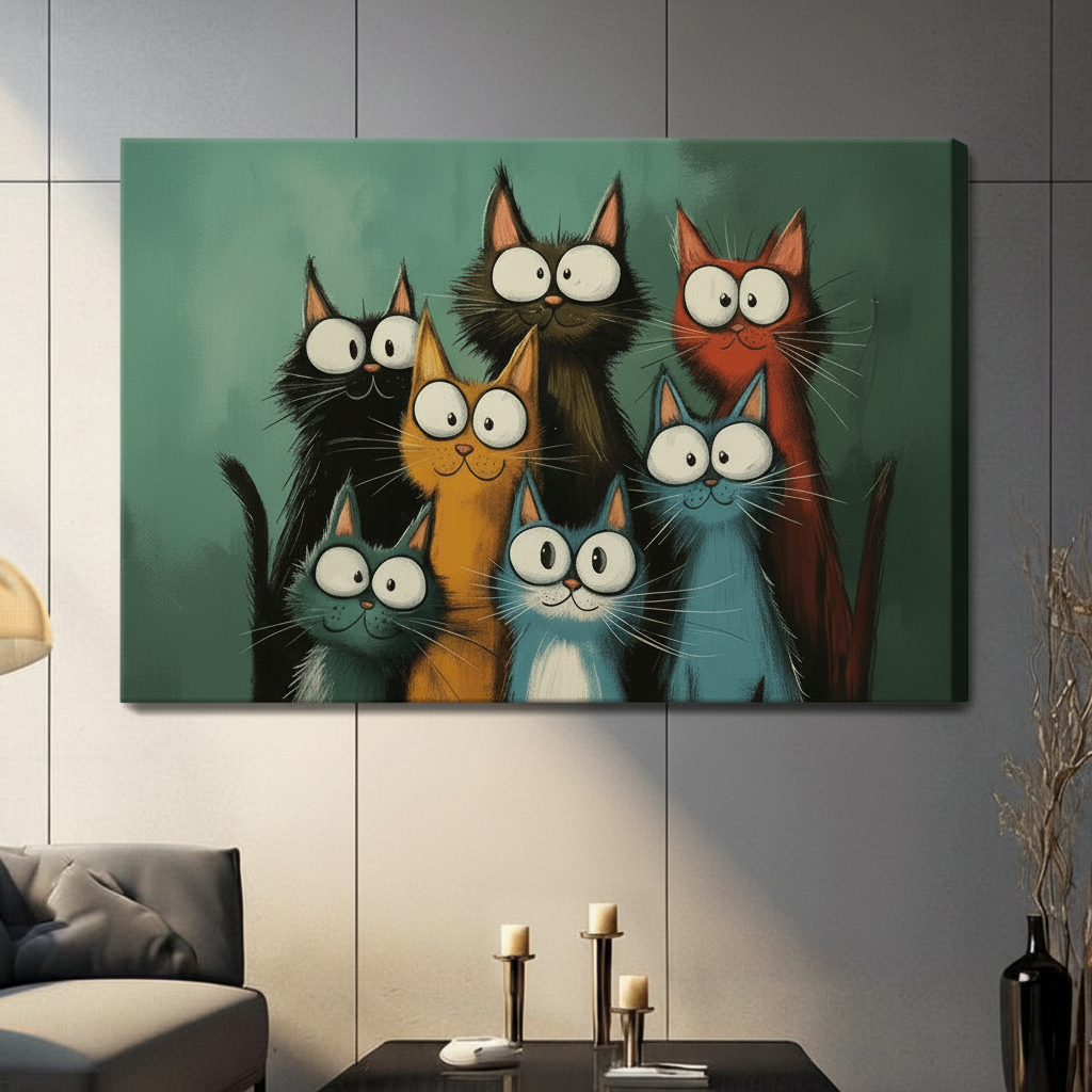 Whimsical Colorful Cats Gang Canvas Wall Art
