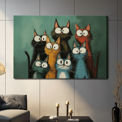 Whimsical Colorful Cats Gang Canvas Wall Art