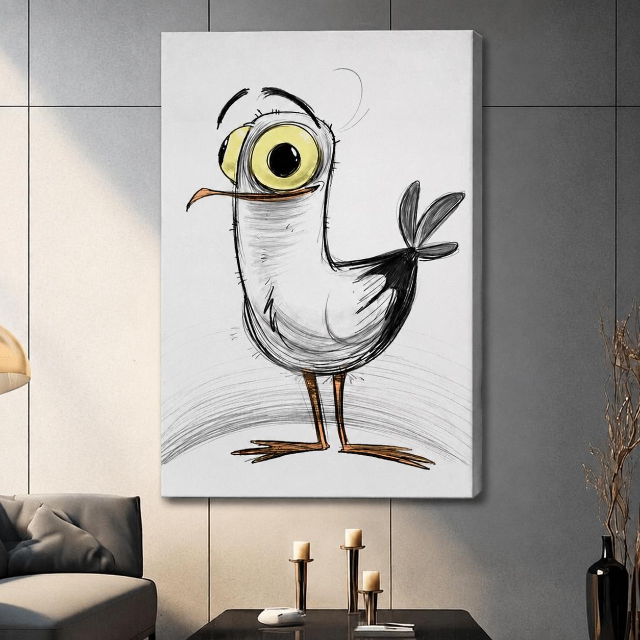 Quirky Big-Eye Bird Sketch Canvas Wall Art