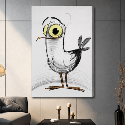 Quirky Big-Eye Bird Sketch Canvas Wall Art