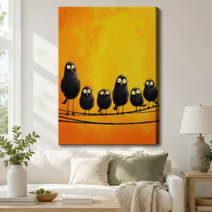 Fluffy Black Birds on Wire Canvas Wall Art