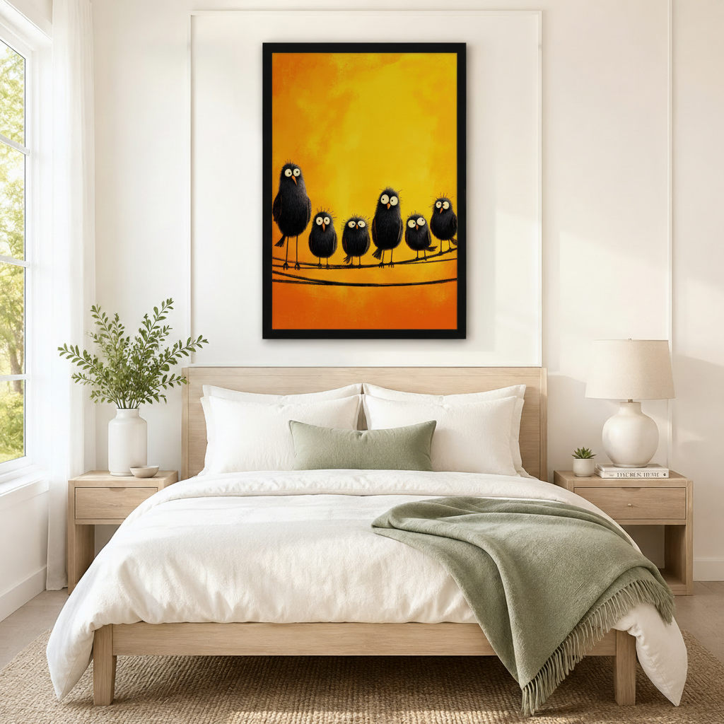 Fluffy Black Birds on Wire Canvas Wall Art