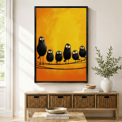 Fluffy Black Birds on Wire Canvas Wall Art