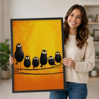Fluffy Black Birds on Wire Canvas Wall Art