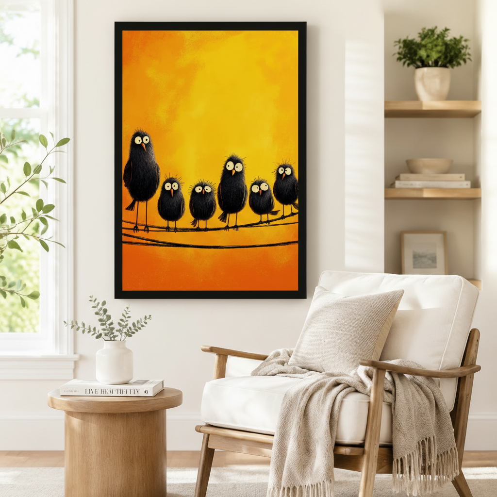 Fluffy Black Birds on Wire Canvas Wall Art