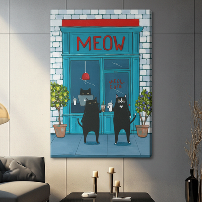 Meow Cafe Black Cats Coffee Illustration Canvas Art