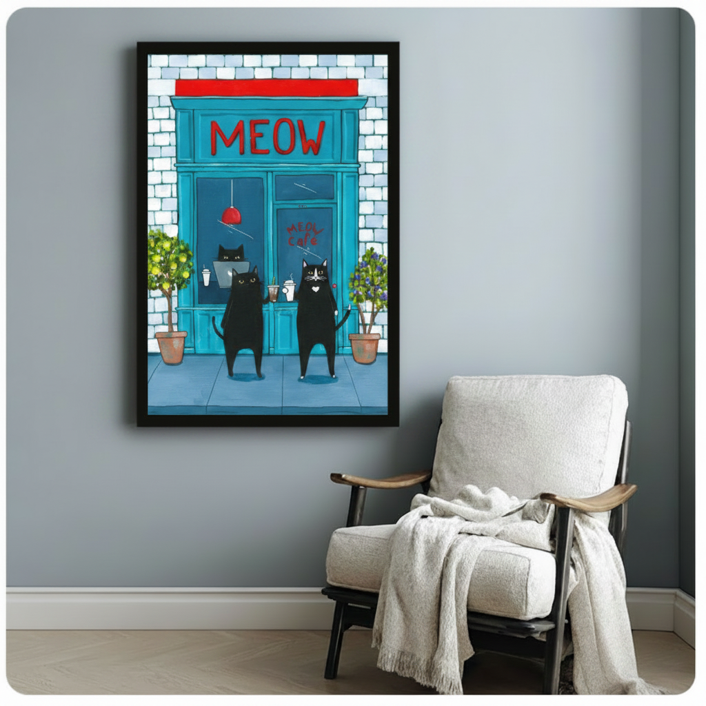 Meow Cafe Black Cats Coffee Illustration Canvas Art