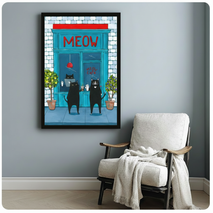 Meow Cafe Black Cats Coffee Illustration Canvas Art