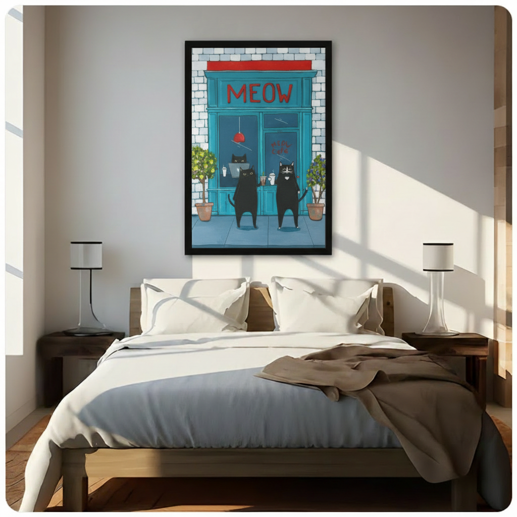 Meow Cafe Black Cats Coffee Illustration Canvas Art