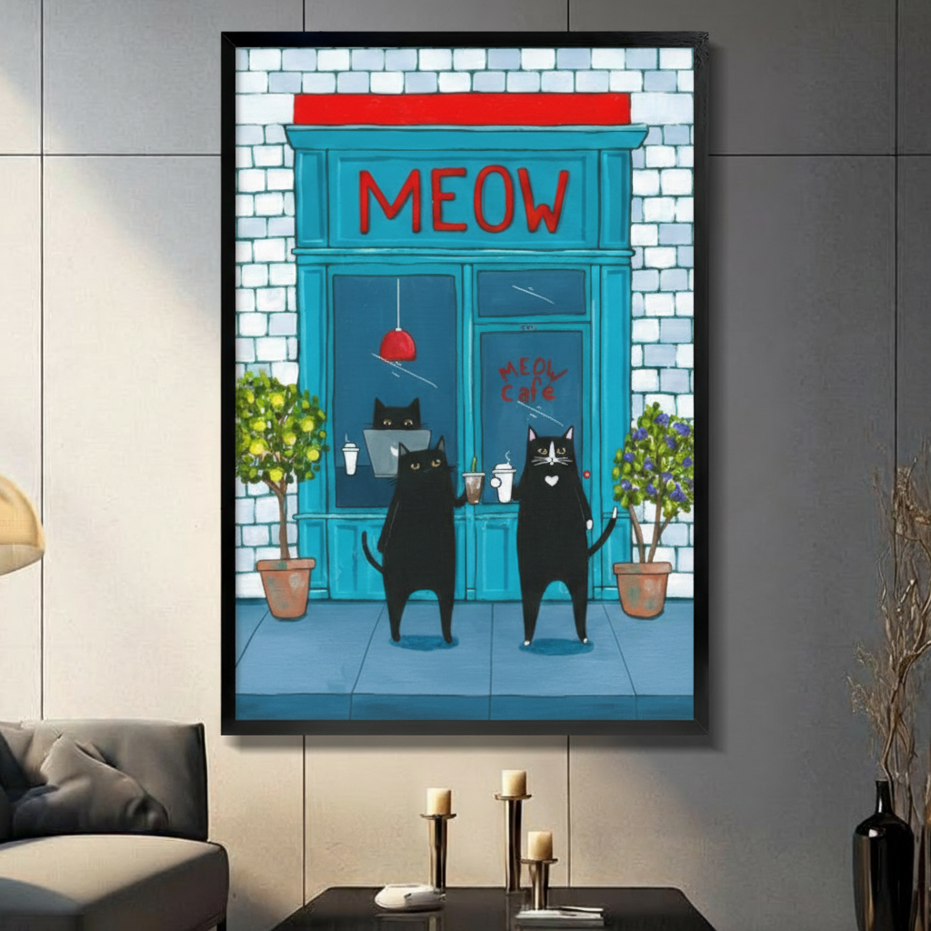 Meow Cafe Black Cats Coffee Illustration Canvas Art