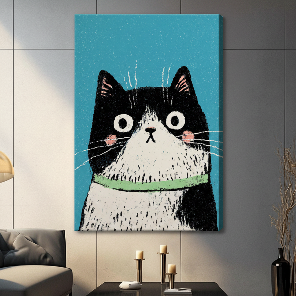 Cute Tuxedo Cat Big Eyes Canvas Wall Art