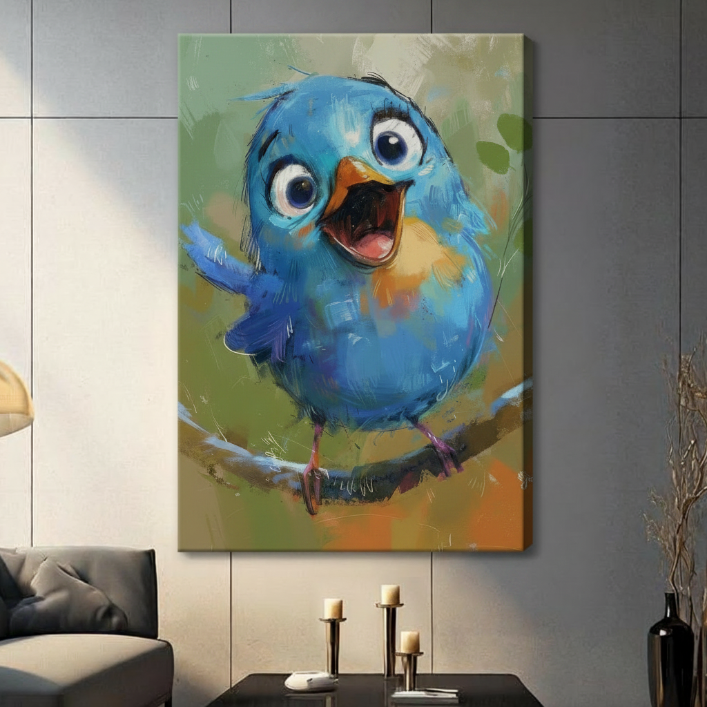 Whimsical Blue Bird Cartoon Canvas Wall Art