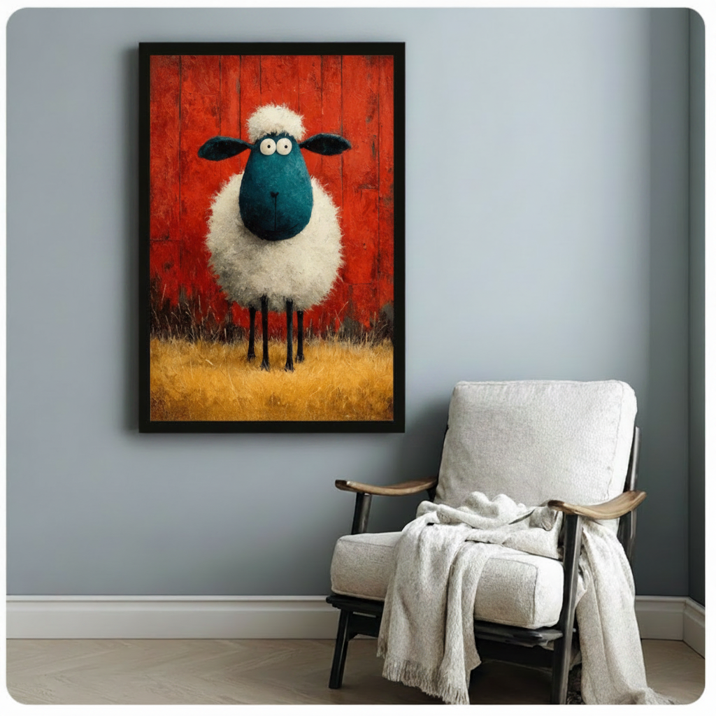 Funny Fluffy Sheep Farmhouse Oil Painting Canvas Print