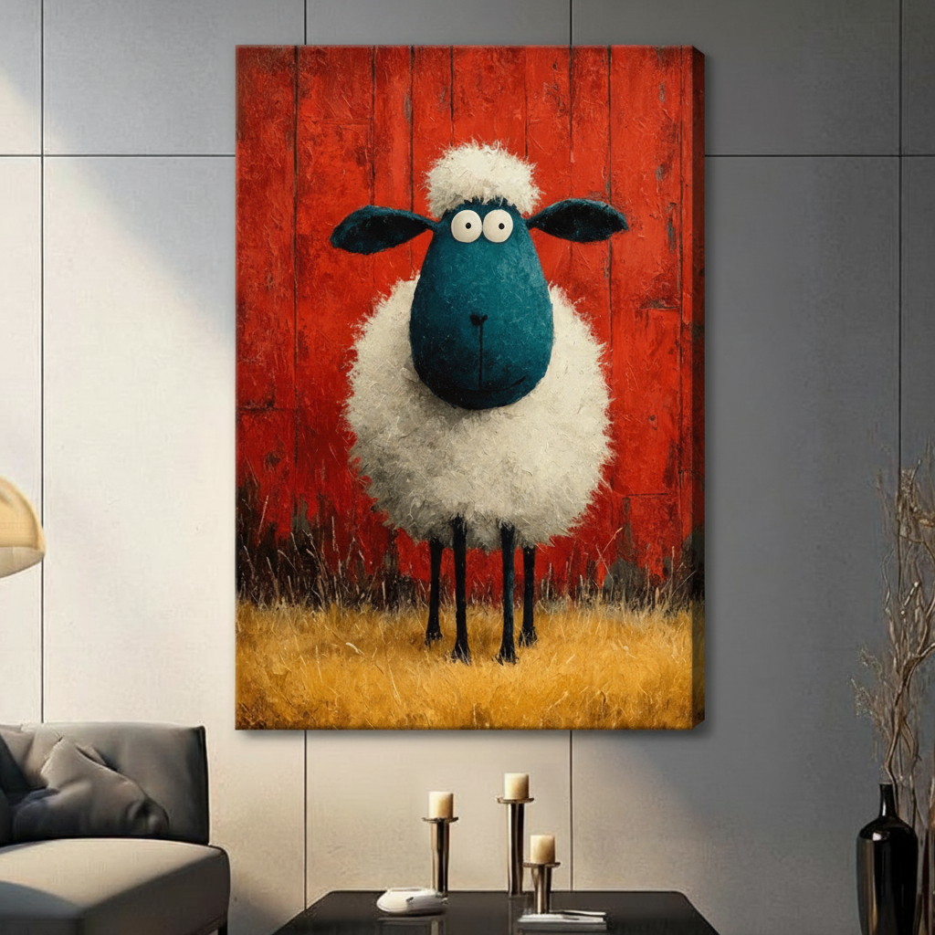 Funny Fluffy Sheep Farmhouse Oil Painting Canvas Print