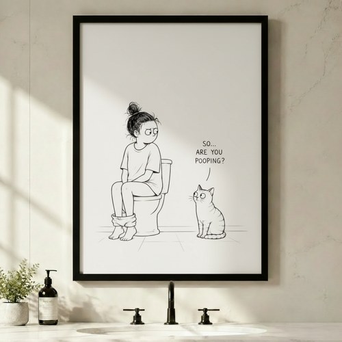 Funny Cat Bathroom Humor Framed Canvas Art Wall Art