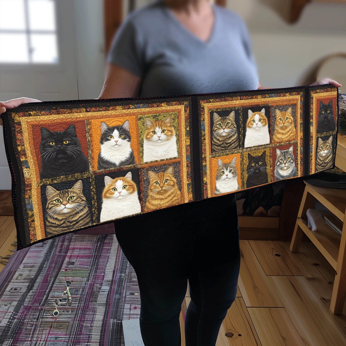 Funny Cat Patchwork Quilted Table Runner