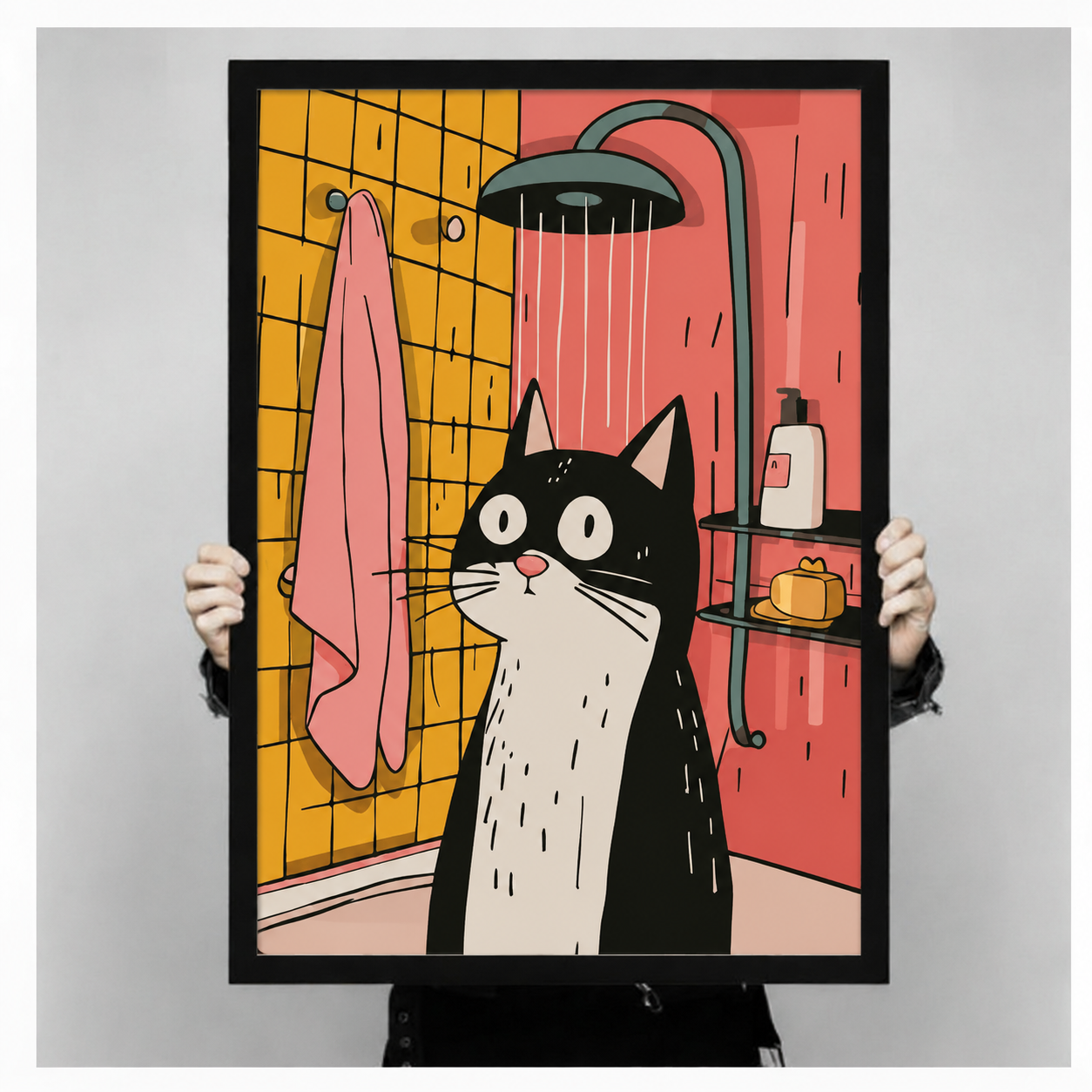 Pop Art Cat Shower Framed Canvas Wall Art