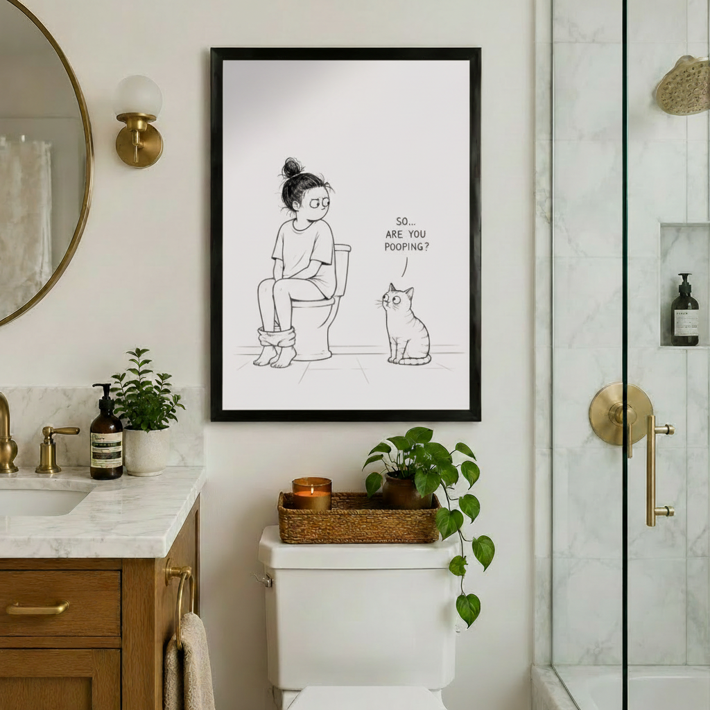 Funny Cat Bathroom Humor Framed Canvas Art Wall Art
