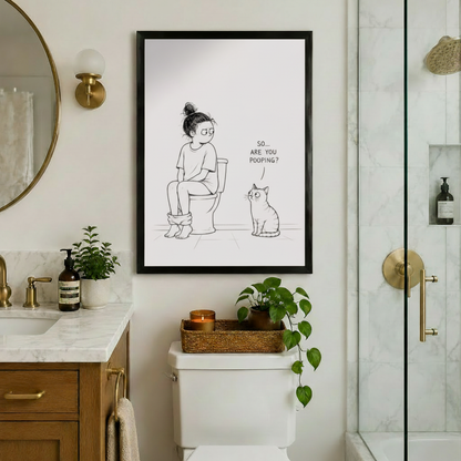 Funny Cat Bathroom Humor Framed Canvas Art Wall Art