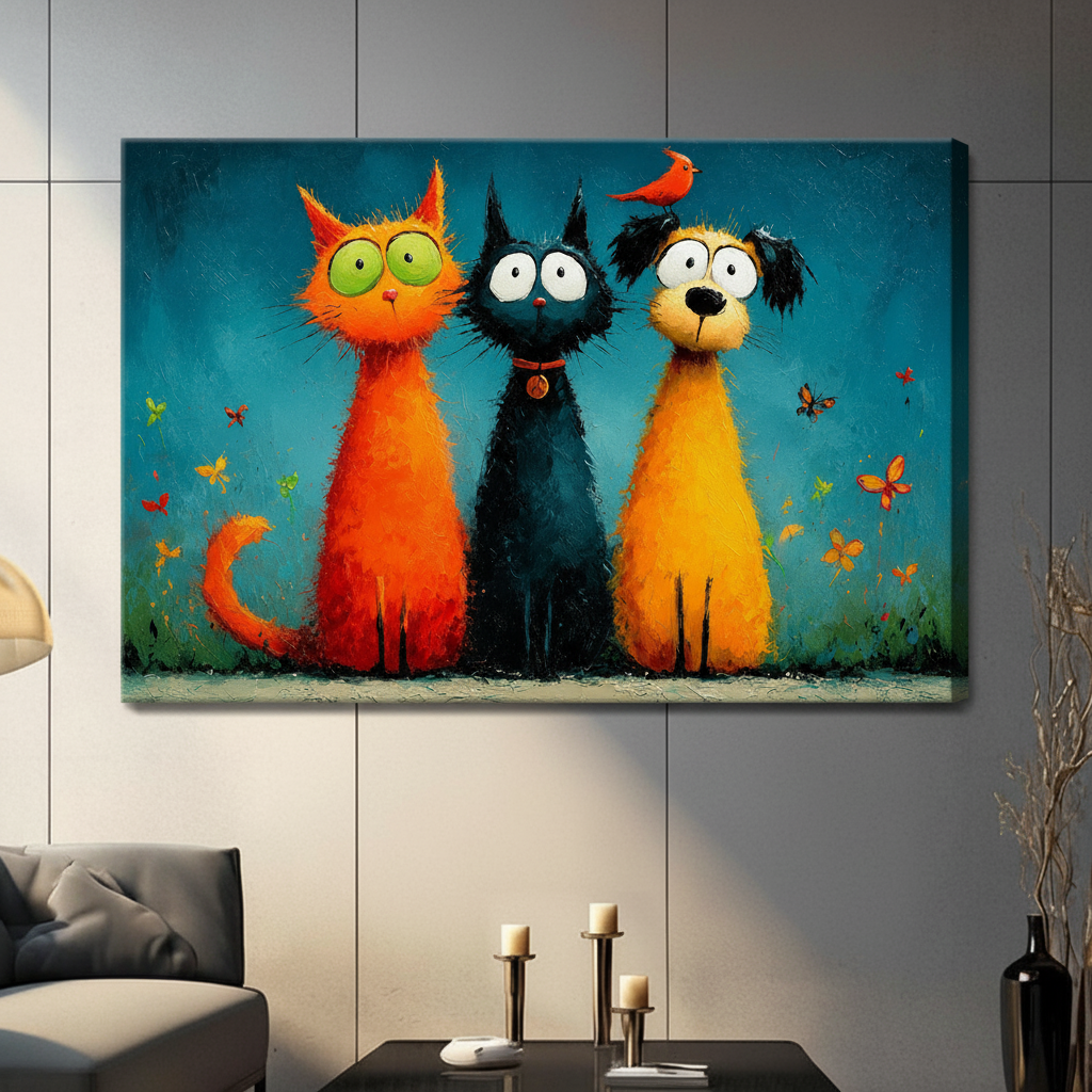 Whimsical Cats and Dog Colorful Canvas Wall Art