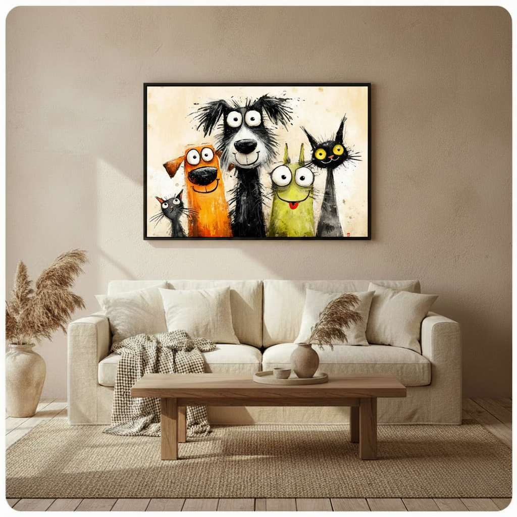 Funny Cartoon Cats Dogs Big Eyes Canvas Art Wall Art