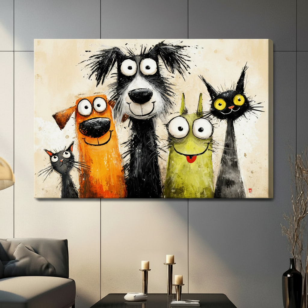 Funny Cartoon Cats Dogs Big Eyes Canvas Art Wall Art