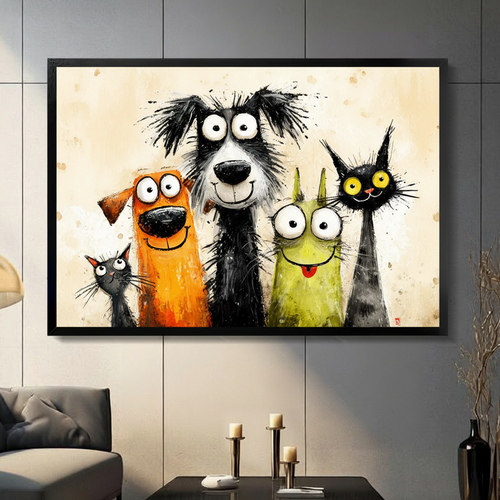 Funny Cartoon Cats Dogs Big Eyes Canvas Art Wall Art