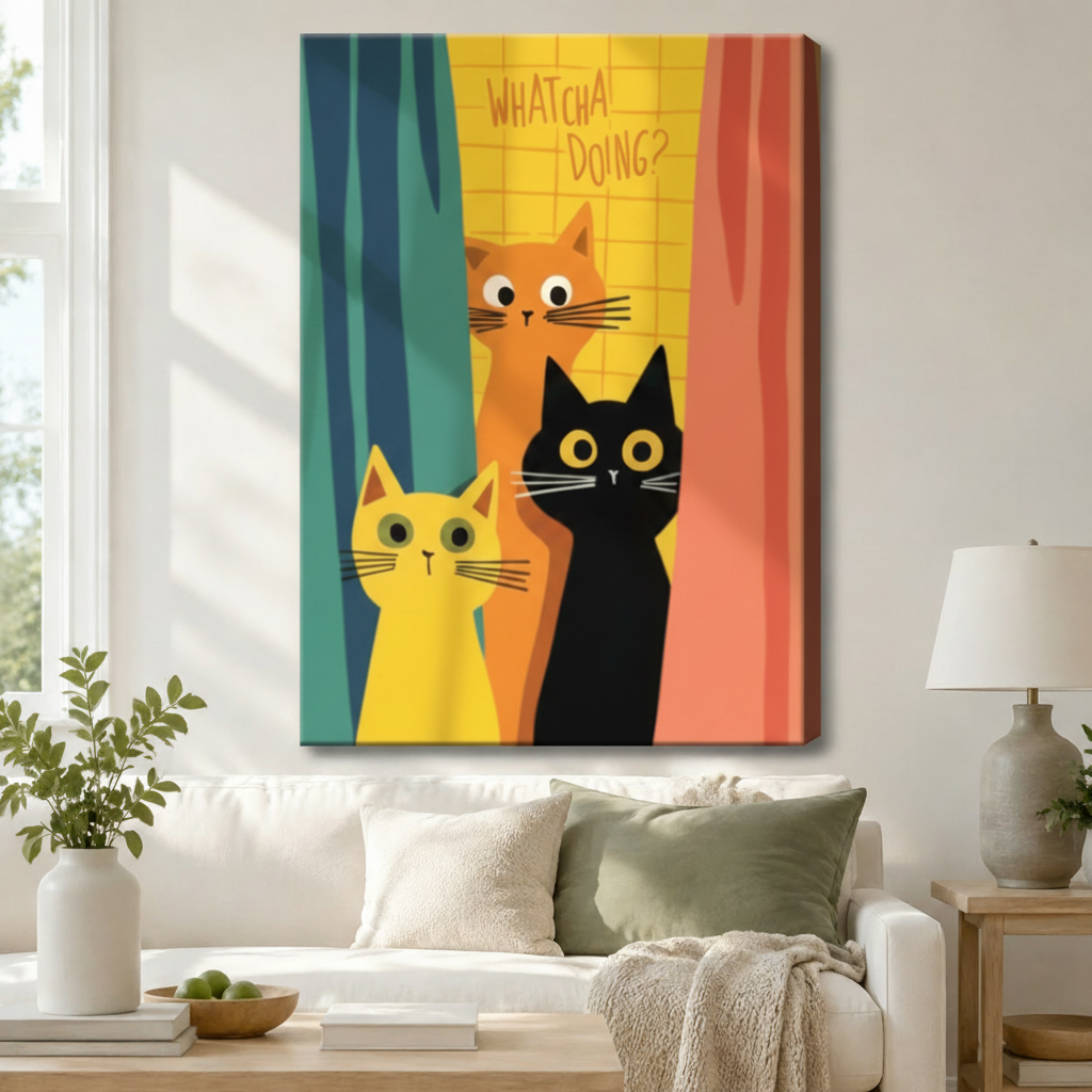 Whatcha Doing Retro Cats Canvas Wall Art