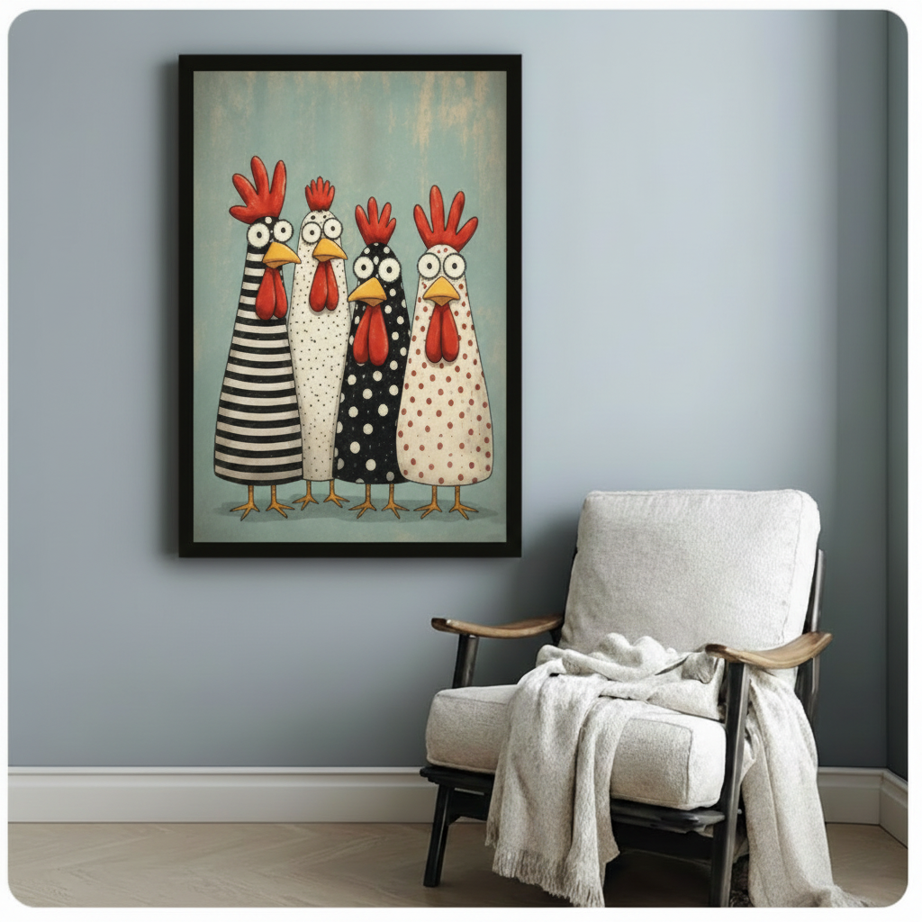 Funny Chicken Folk Art Canvas Wall Art