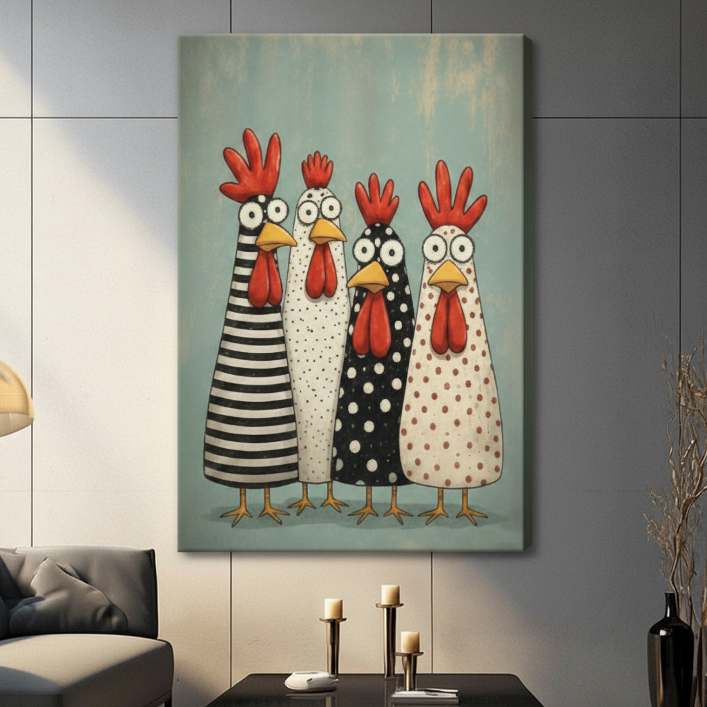 Funny Chicken Folk Art Canvas Wall Art
