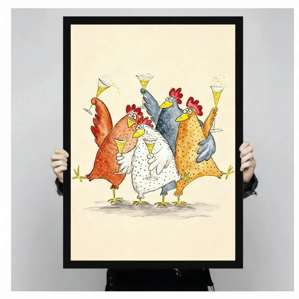 Funny Chickens Champagne Toast Framed Canvas Art