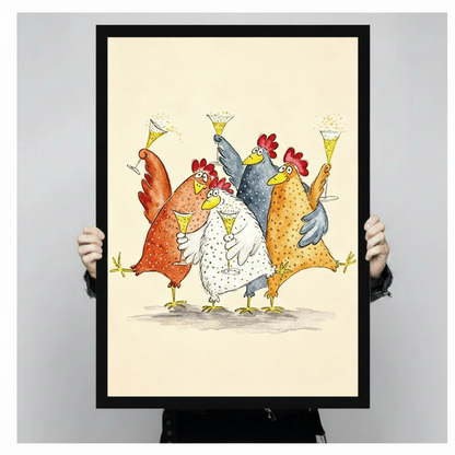 Funny Chickens Champagne Toast Framed Canvas Art